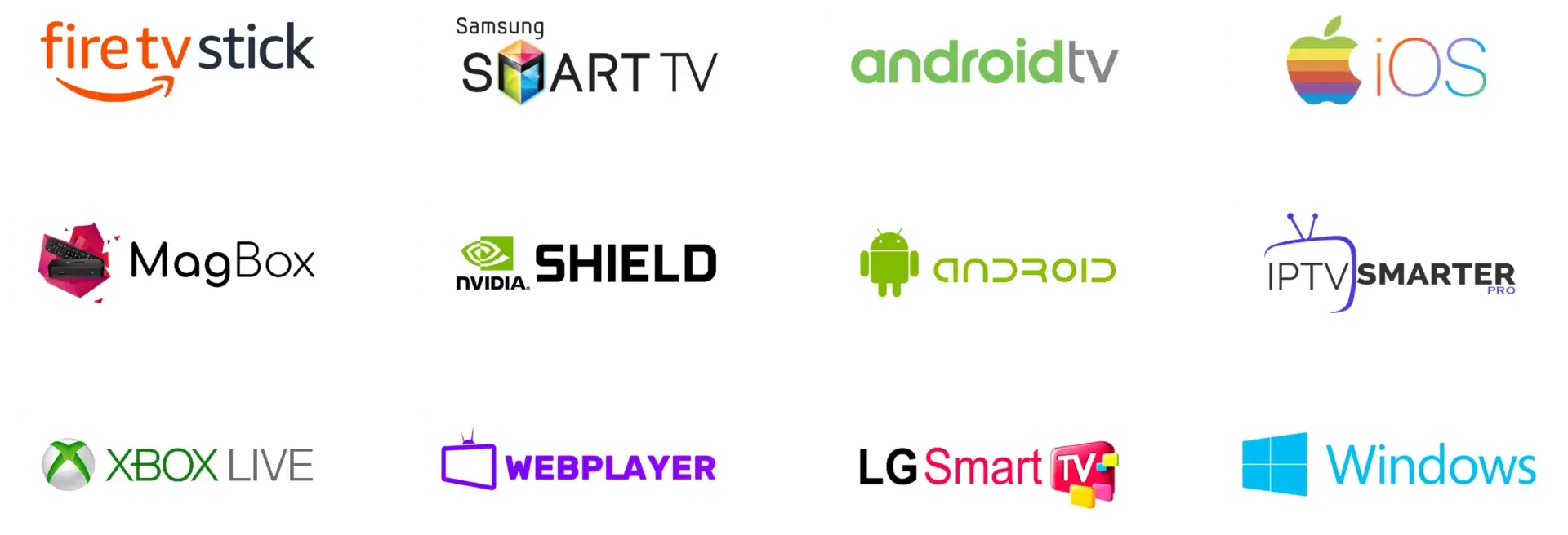 IPTV UK 4K supported devices: Fire TV Stick, Samsung Smart TV, Android TV, iOS, MAG Box, NVIDIA Shield, Android, IPTV Smarters Pro, Xbox, web player, LG Smart TV and Windows
