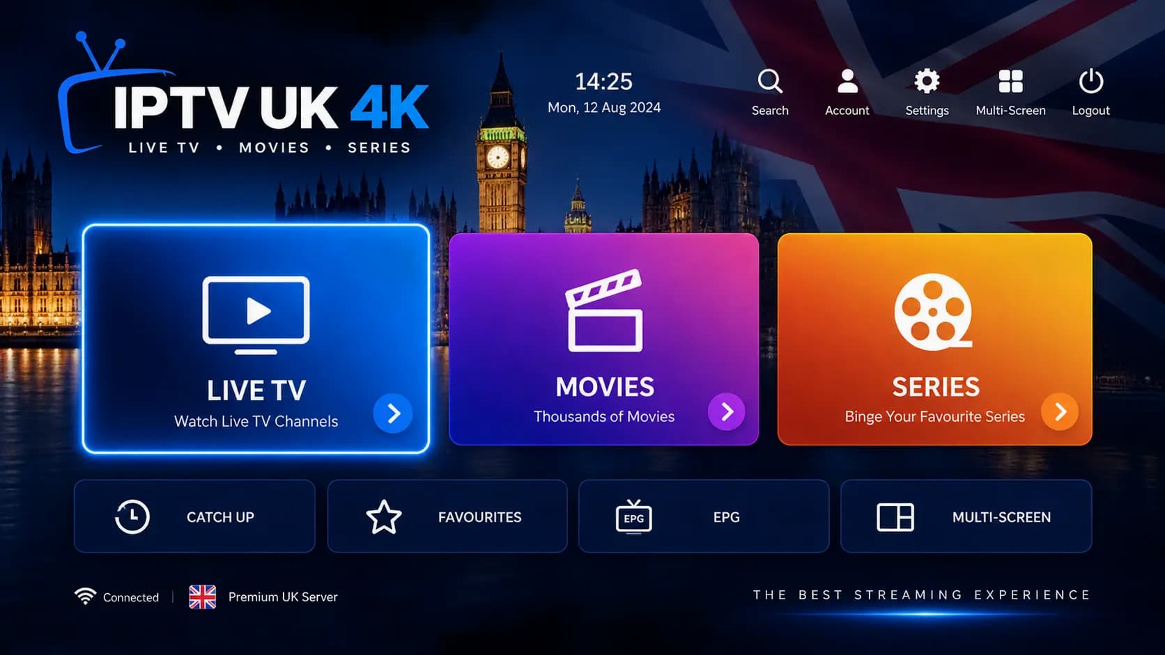 IPTV UK 4K app interface showing Live TV, Movies and Series
